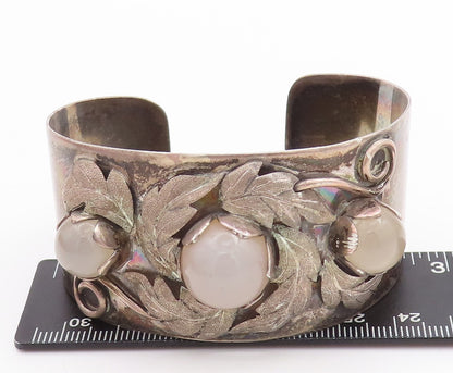 925 Sterling Silver Vintage Bracelet Cabochon Gemstone Floral Cuff  BT10701