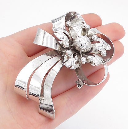 925 Sterling Silver  Vintage Polished Floral Tied Ribbon Brooch Pin  BP1447