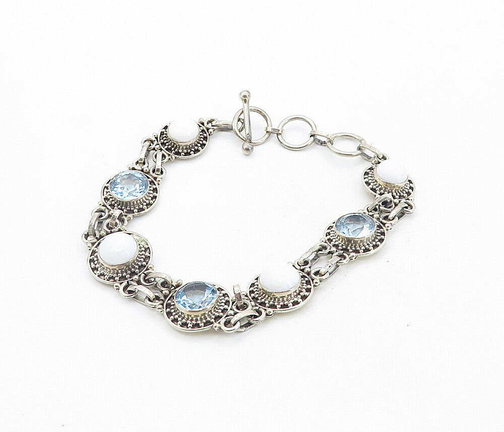 925 Sterling Silver  Vintage Blue Topaz & White Agate Chain Bracelet  BT3617