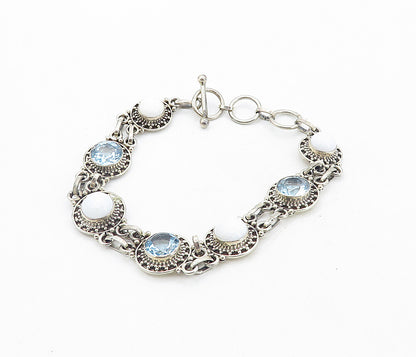 925 Sterling Silver  Vintage Blue Topaz & White Agate Chain Bracelet  BT3617