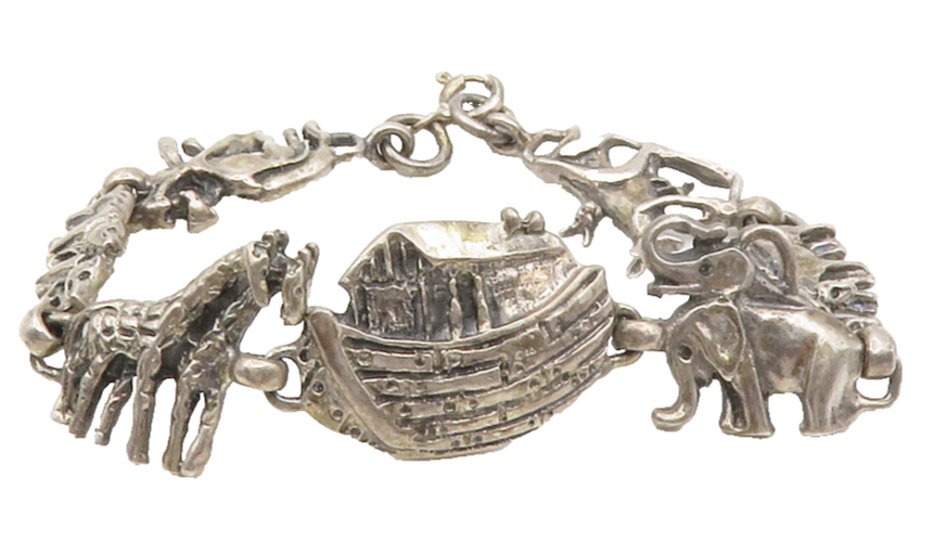 925 Sterling Silver  Vintage Dark Tone Noah's Arc Theme Chain Bracelet  BT5158