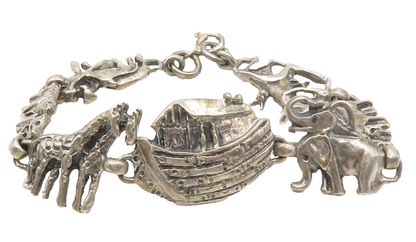 925 Sterling Silver  Vintage Dark Tone Noah's Arc Theme Chain Bracelet  BT5158