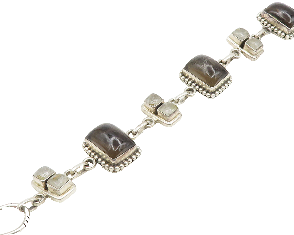 925 Sterling Silver  Vintage Smoky Topaz & Quartz Chain Bracelet  BT7725