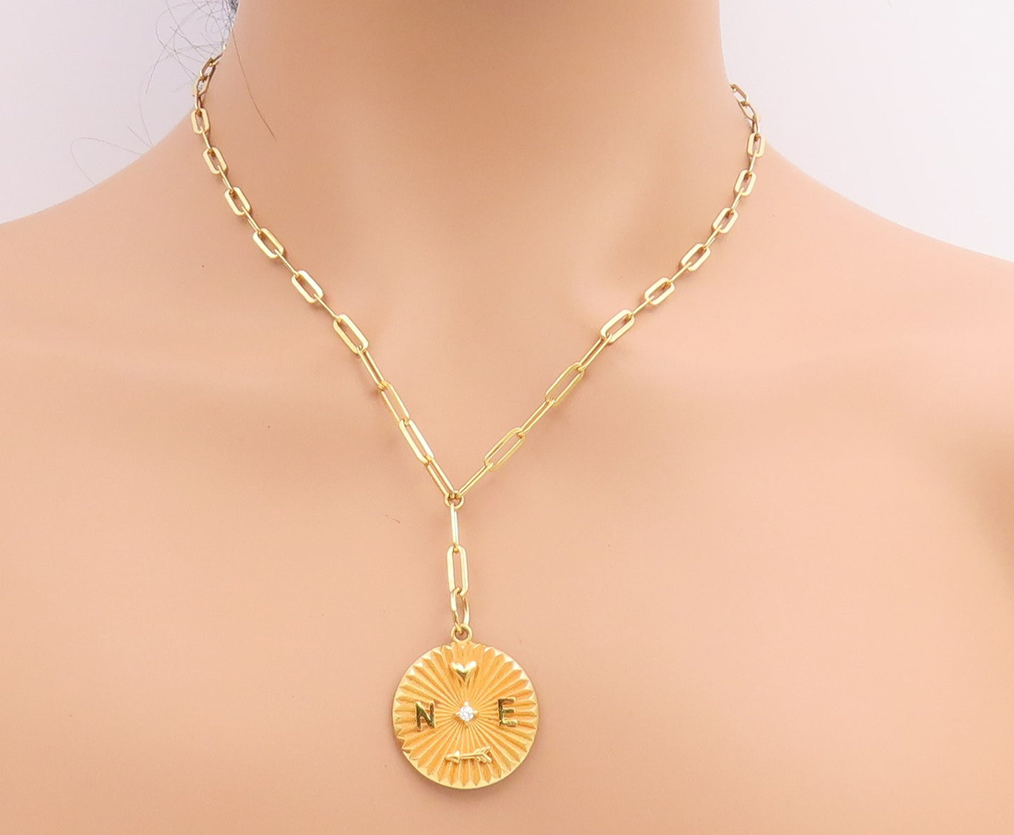 925 Sterling Silver Vintage Necklace Gold Plated CZ Compass Medal Chain  NE4797