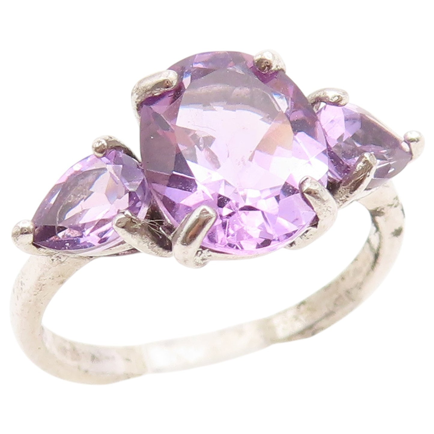 925 Sterling Silver Vintage Ring Elegant Three Stone Amethyst Band Sz 7 RG36815