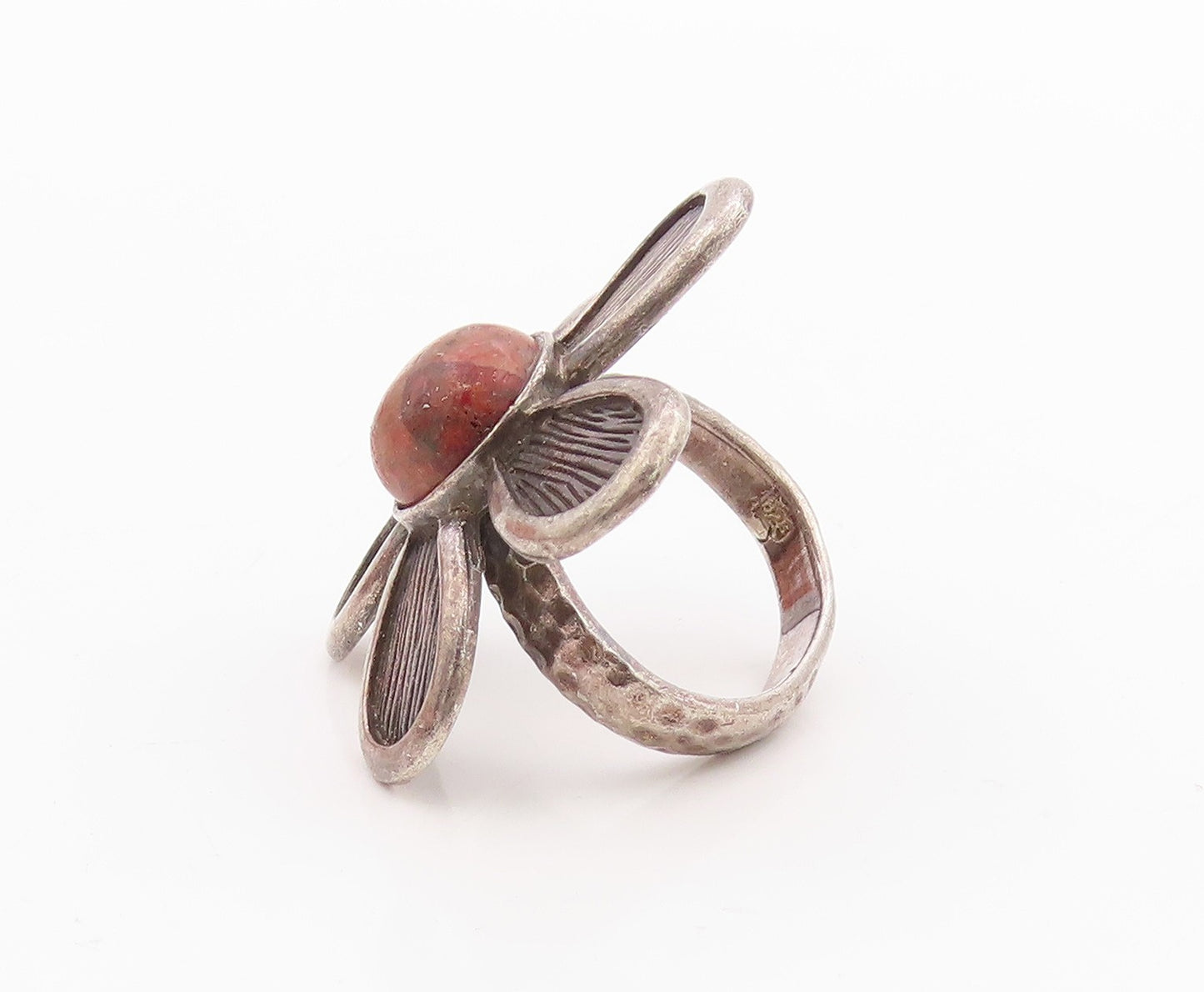 925 Sterling Silver Vintage Ring Cabochon Gemstone Flower Cutout  Sz 7.5 RG33271