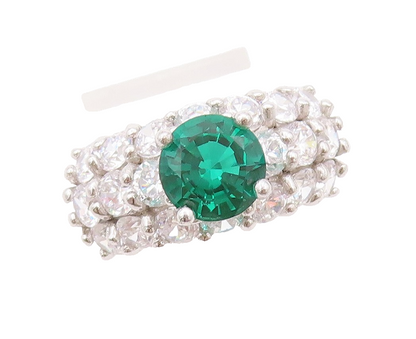 925 Sterling Silver Vintage Ring White Band & Round Green CZ Inlay Sz 7  RG30795