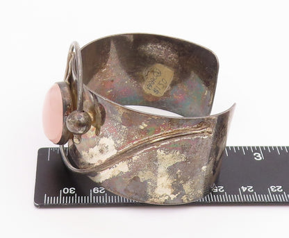 925 Sterling Silver Vintage Bracelet Cabochon Rose Quartz Wide Cuff  BT11975
