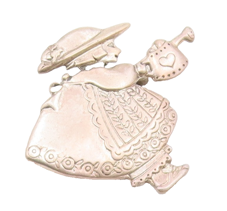 925 Sterling Silver  Vintage Girl With Watering Can Floral Brooch Pin  BP3924