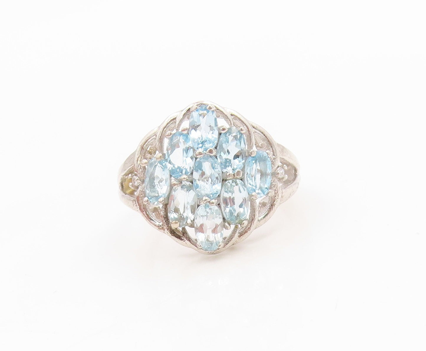 925 Sterling Silver Vintage Ring Oval Cut Blue Topaz Cluster Band  Sz 7  RG36180