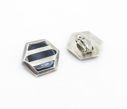 MEXICO 925 Silver  Vintage Black Onyx Striped Non Pierce Earrings  EG2172