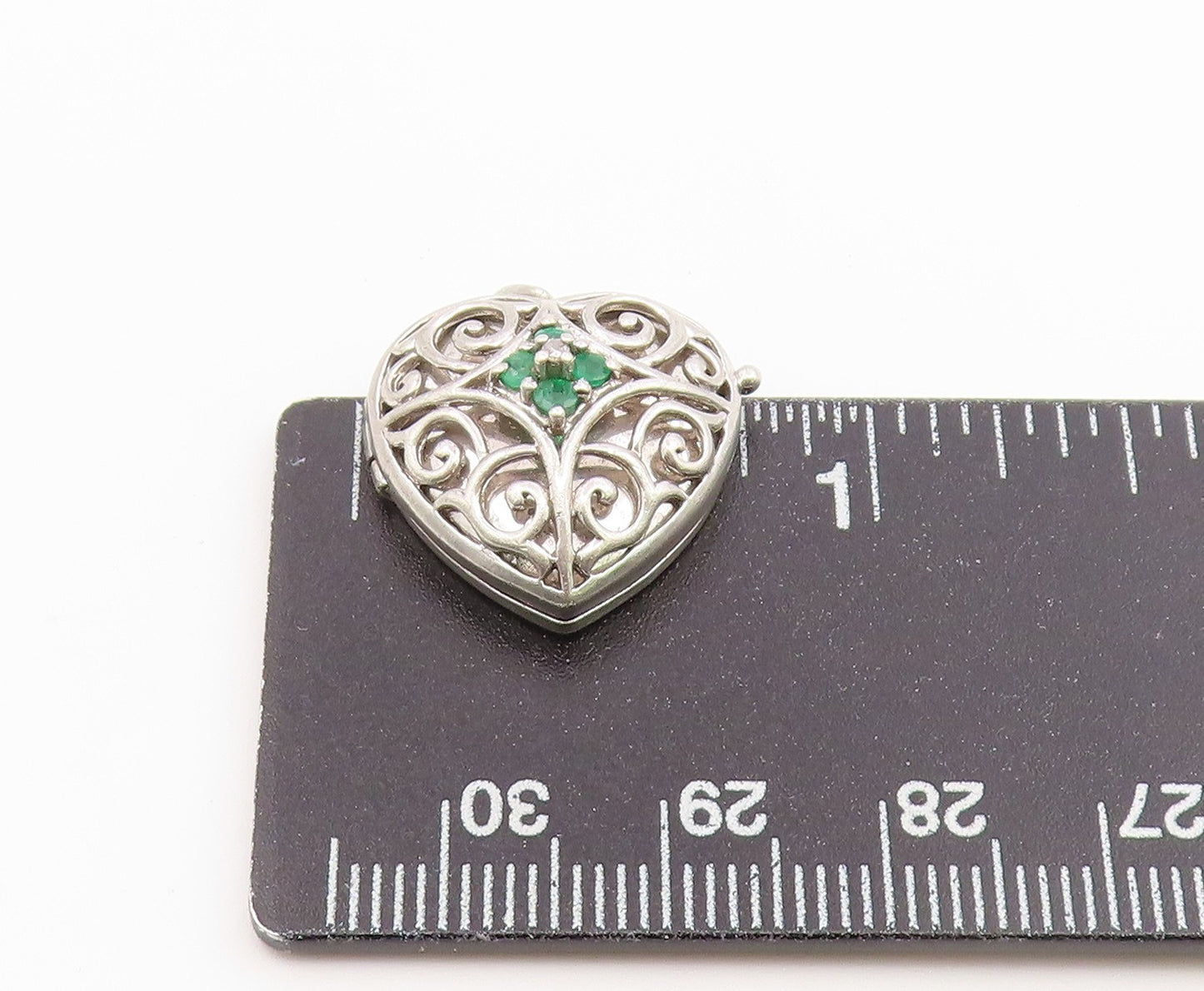 925 Sterling Silver Vintage Pendant Emerald Openwork Love Heart OPENS  PT26647