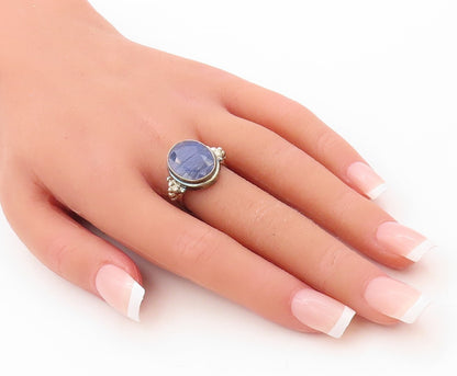 925 Sterling Silver Vintage Ring Oval Cut Blue Gemstone Inlay  Sz 7.5  RG30668