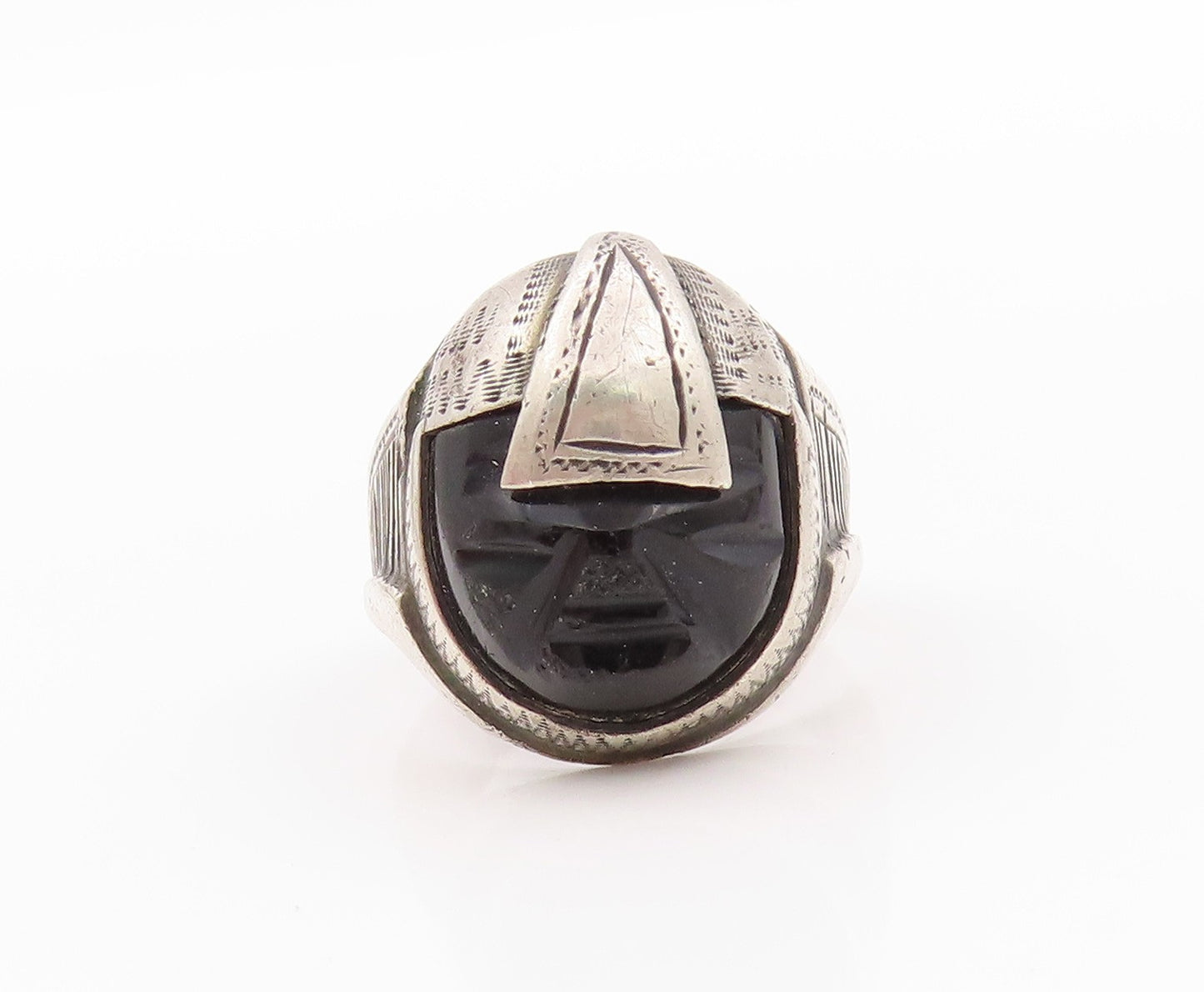 925 Sterling Silver Vintage Ring Black Onyx Face Aztec Warrior  Sz 7.5  RG32431