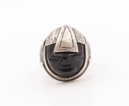 925 Sterling Silver Vintage Ring Black Onyx Face Aztec Warrior  Sz 7.5  RG32431