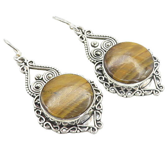 925 Sterling Silver  Vintage Tiger's Eye Heart Swirl Dangle Earrings  EG3298