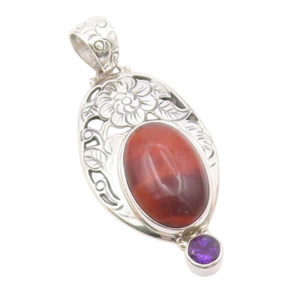 925 Sterling Silver  Vintage Red Tiger's Eye & Amethyst Floral Pendant PT16809