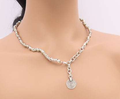 925 Sterling Silver  Vintage Engraved Disc Beaded Rope Necklace  NE3982