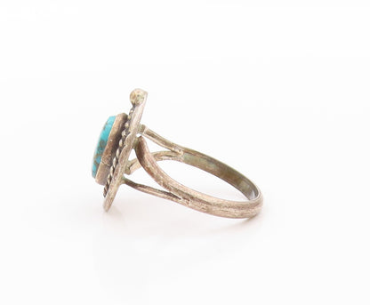 925 Sterling Silver Vintage Ring NAVAJO Oval Turquoise Halo Roped Sz 7.5 RG32416