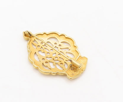 925 Sterling Silver Vintage Brooch Pin Gold Plated Carved Royal Crown  BP10552