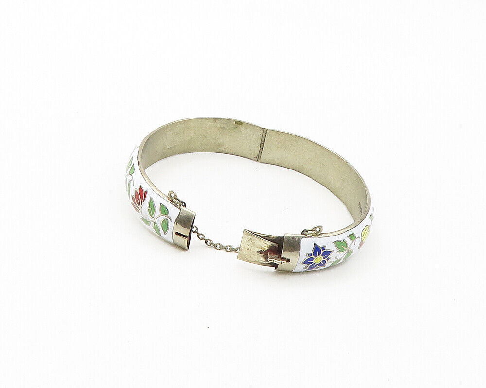 SIAM 925 Sterling Silver  Vintage Enamel Floral Detail Bangle Bracelet  BT6885