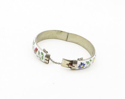 SIAM 925 Sterling Silver  Vintage Enamel Floral Detail Bangle Bracelet  BT6885