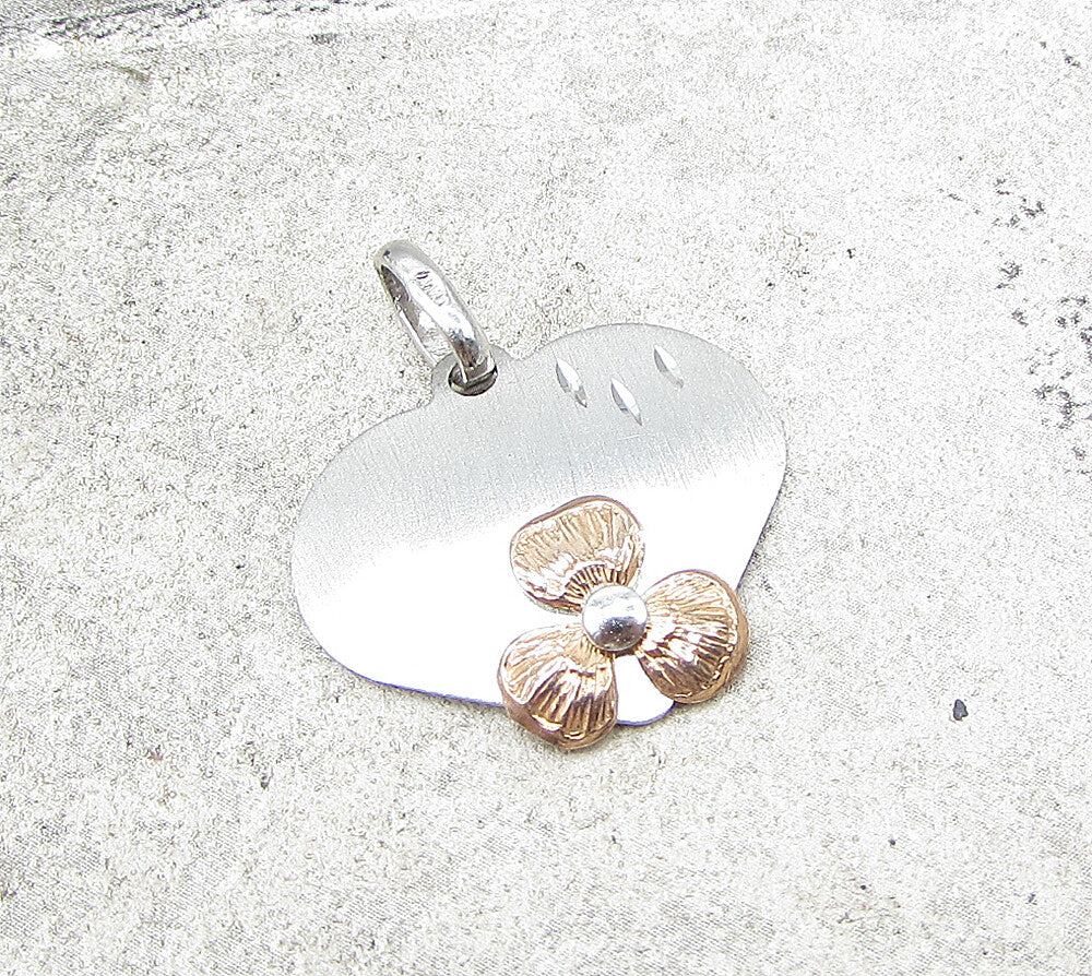 925 Sterling Silver Textured 2 Tone Love Heart Floral Drop Pendant PT1397