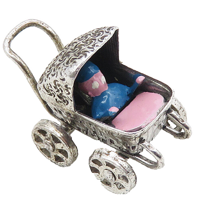 925 Sterling Silver  Vintage Petite Old Fashioned Baby Carriage Pendant PT7197