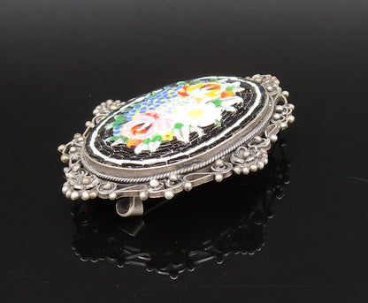 925 Sterling Silver Vintage Floral Enamel Art Beaded Border Brooch Pin BP10053