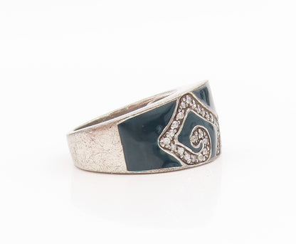 925 Sterling Silver Vintage Ring CZ Swirl Enamel Statement Band  Sz 7  RG34602