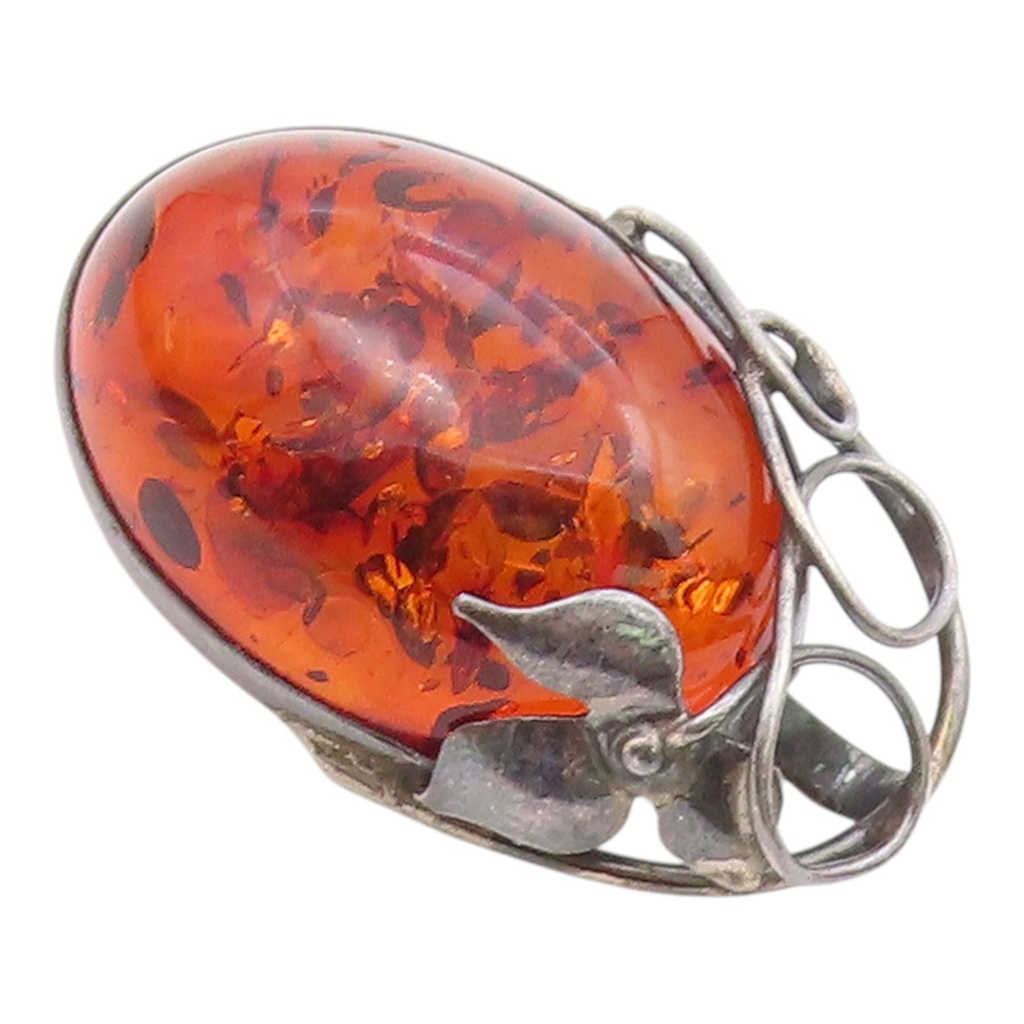 925 Sterling Silver  Vintage Cabochon Cut Amber Floral Leaf Brooch Pin  BP8463