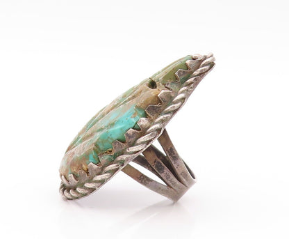 925 Sterling Silver Vintage Ring NAVAJO ZUNI Large Turquoise Leaf SZ 6.5 RG32119