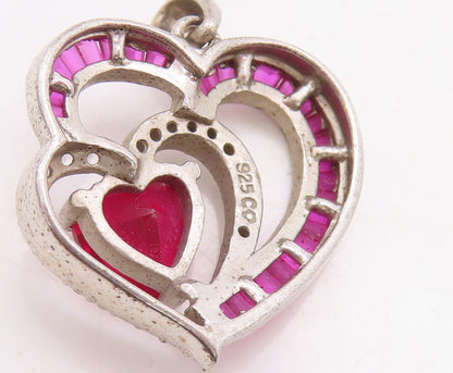 925 Sterling Silver Vintage Pendant Designer Cut Pink & White CZ Hearts  PT23699