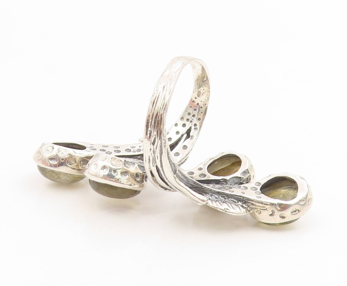 925 Sterling Silver Vintage Ring Labradorite Floral Leaf Bypass  Sz 8  RG34883