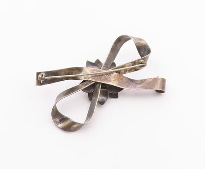 RAFFAELE 925 Silver  Vintage Dark Tone Floral Ribbon Bow Brooch Pin  BP4342