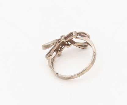 925 Sterling Silver  Vintage Minimalist Inlay CZ Solid Bow Ring Sz 7  RG27260