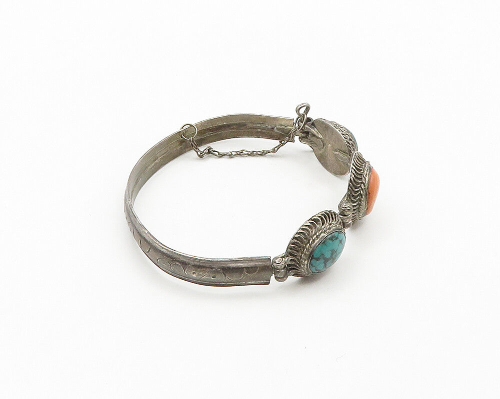 925 Sterling Silver Vintage Turquoise & Rhodochrosite Bangle Bracelet BT7879