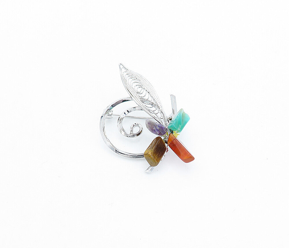 JAPAN 925 Silver  Tiger's Eye Amethyst Agate & Carnelian Brooch Pin  BP1186