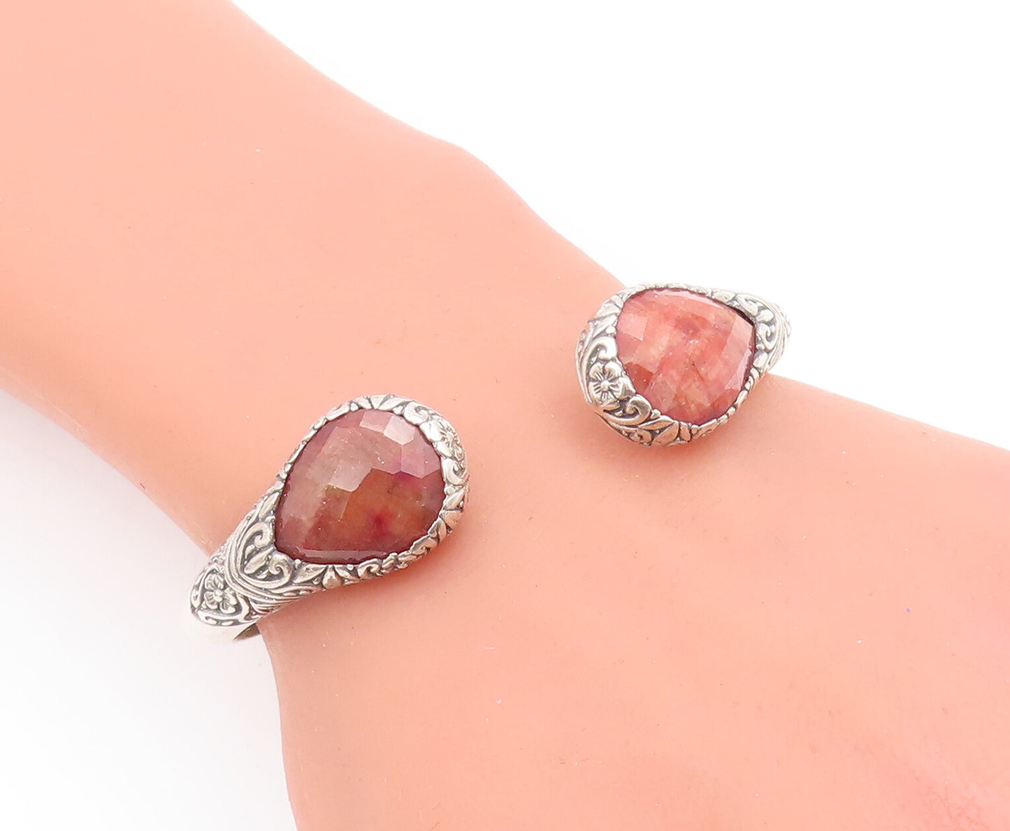925 Sterling Silver Vintage Bracelet Drop Cut Gemstone Hinged Cuff  BT10584