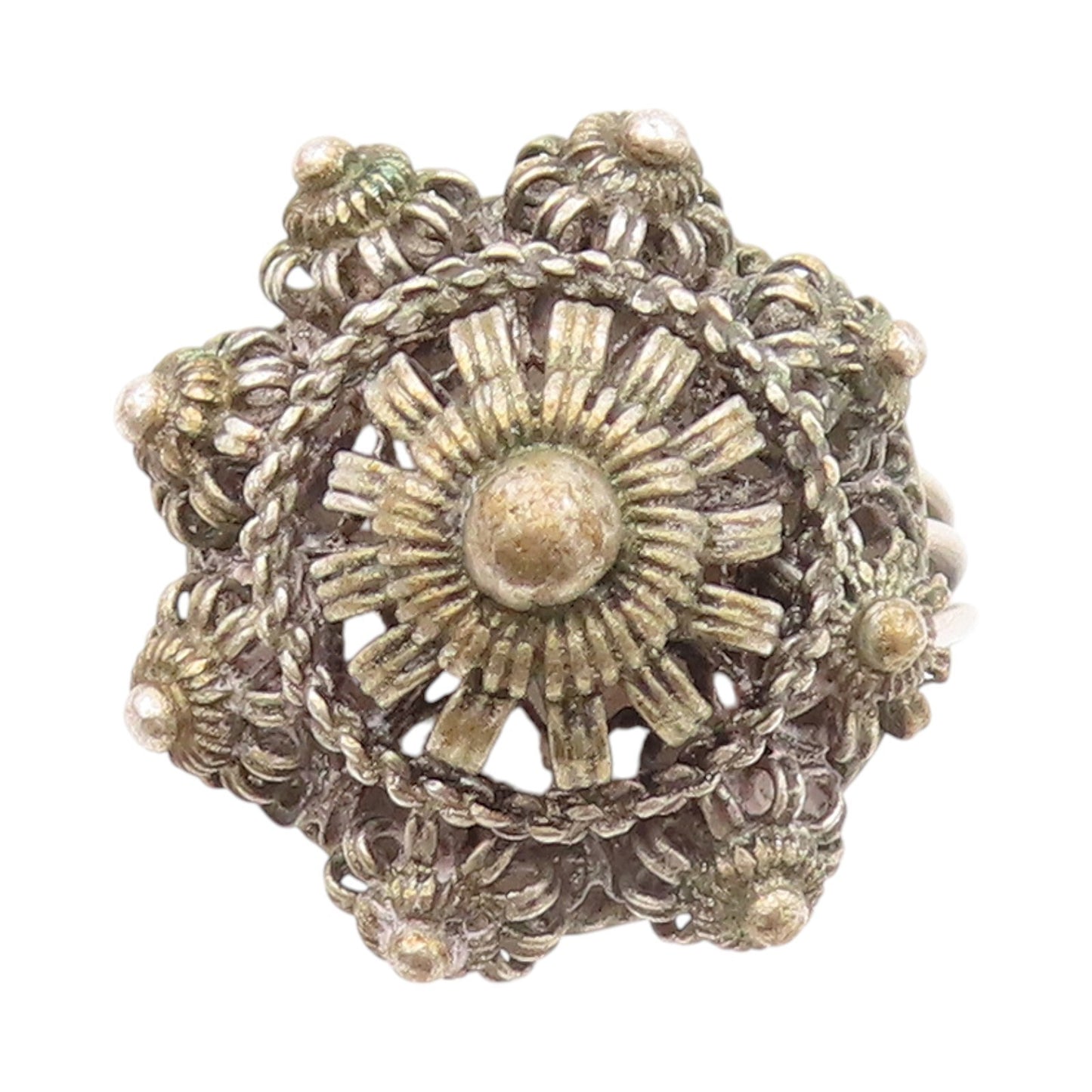 925 Sterling Silver Vintage Ring Designer Dark Tone Flower Carved Sz 8  RG31854