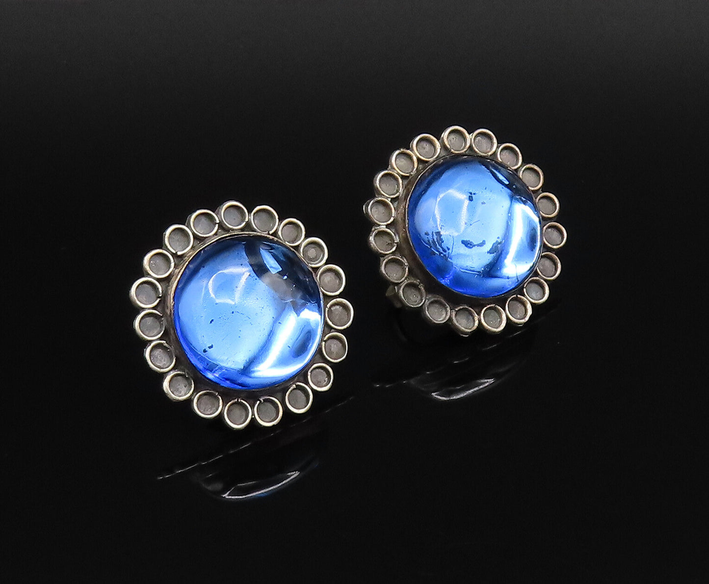 MEXICO 925 Silver  Vintage Unique Blue Amber Screw Back Earrings  EG12142