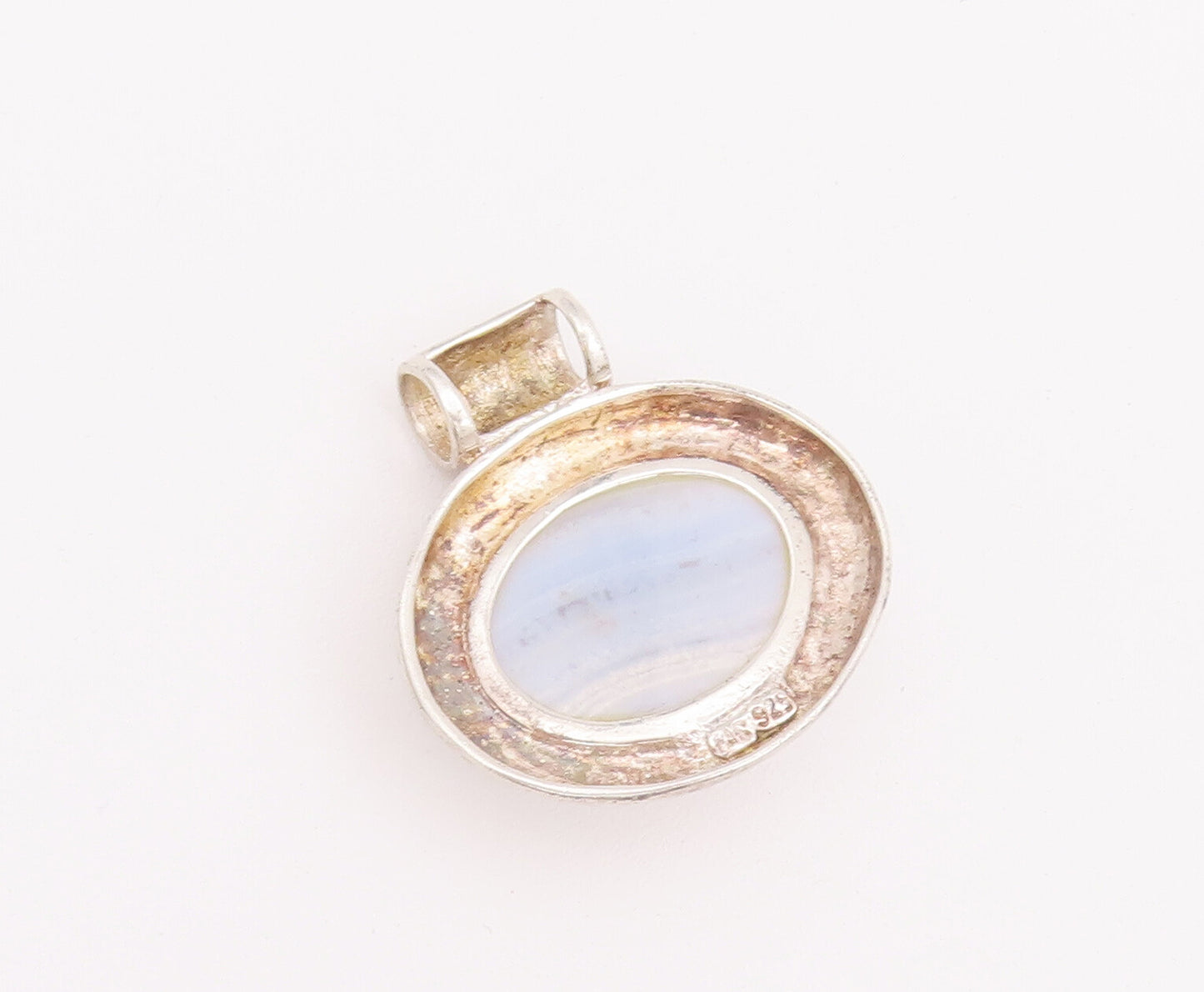 925 Sterling Silver Vintage Pendant Oval Cabochon Blue Laced Agate  PT22808