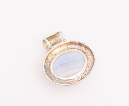 925 Sterling Silver Vintage Pendant Oval Cabochon Blue Laced Agate  PT22808