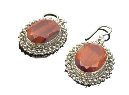 925 Sterling Silver  Vintage Faceted Red Tiger's Eye Dangle Earrings  EG3762