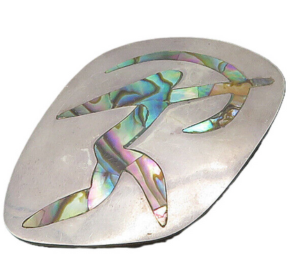 MEXICO 925 Silver  Vintage Inlaid Abalone Shell Warrior Brooch Pin  BP7763