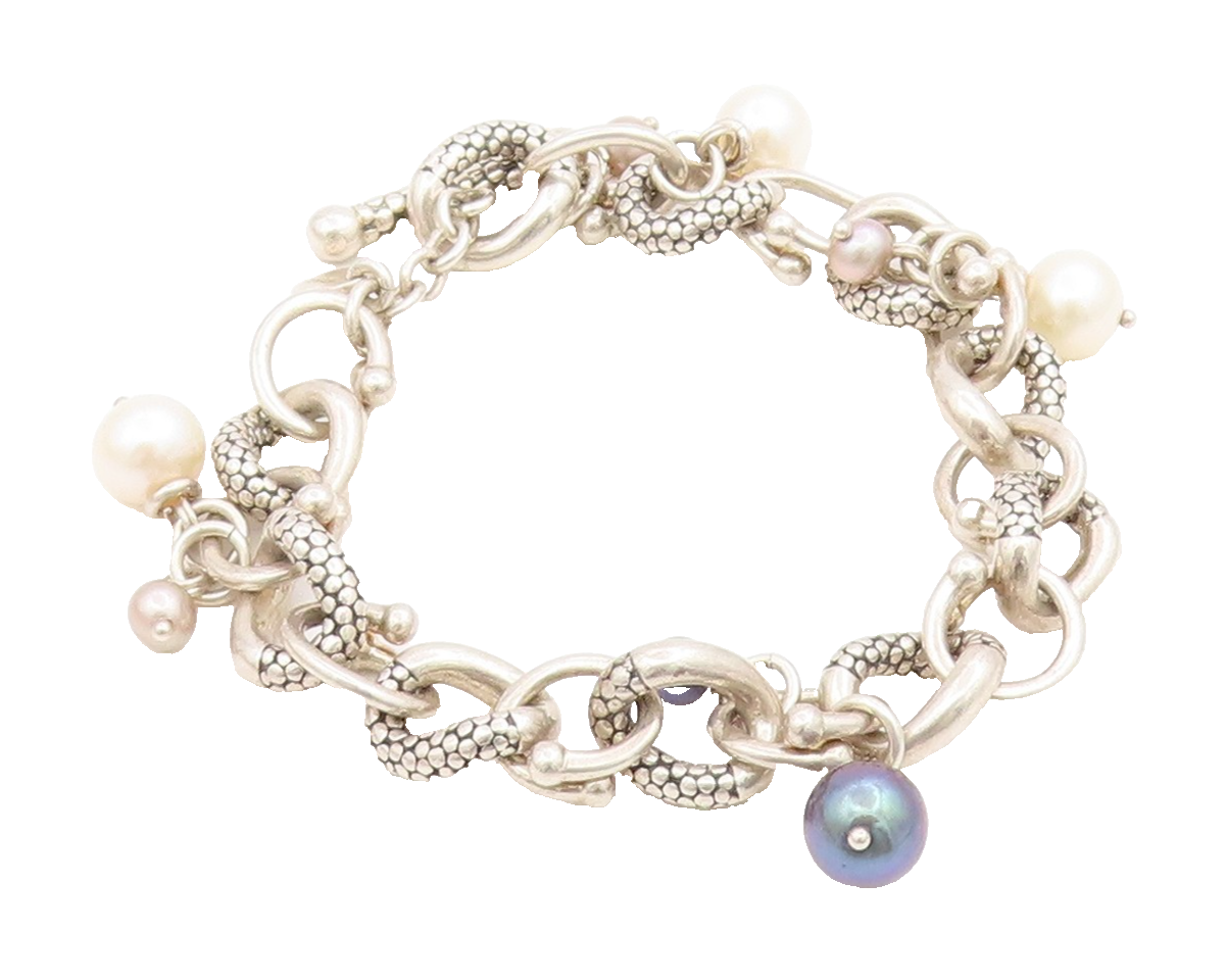 925 Sterling Silver Vintage Bracelet MICHAEL DAWKINS Pearl Dangle Link  BT11730