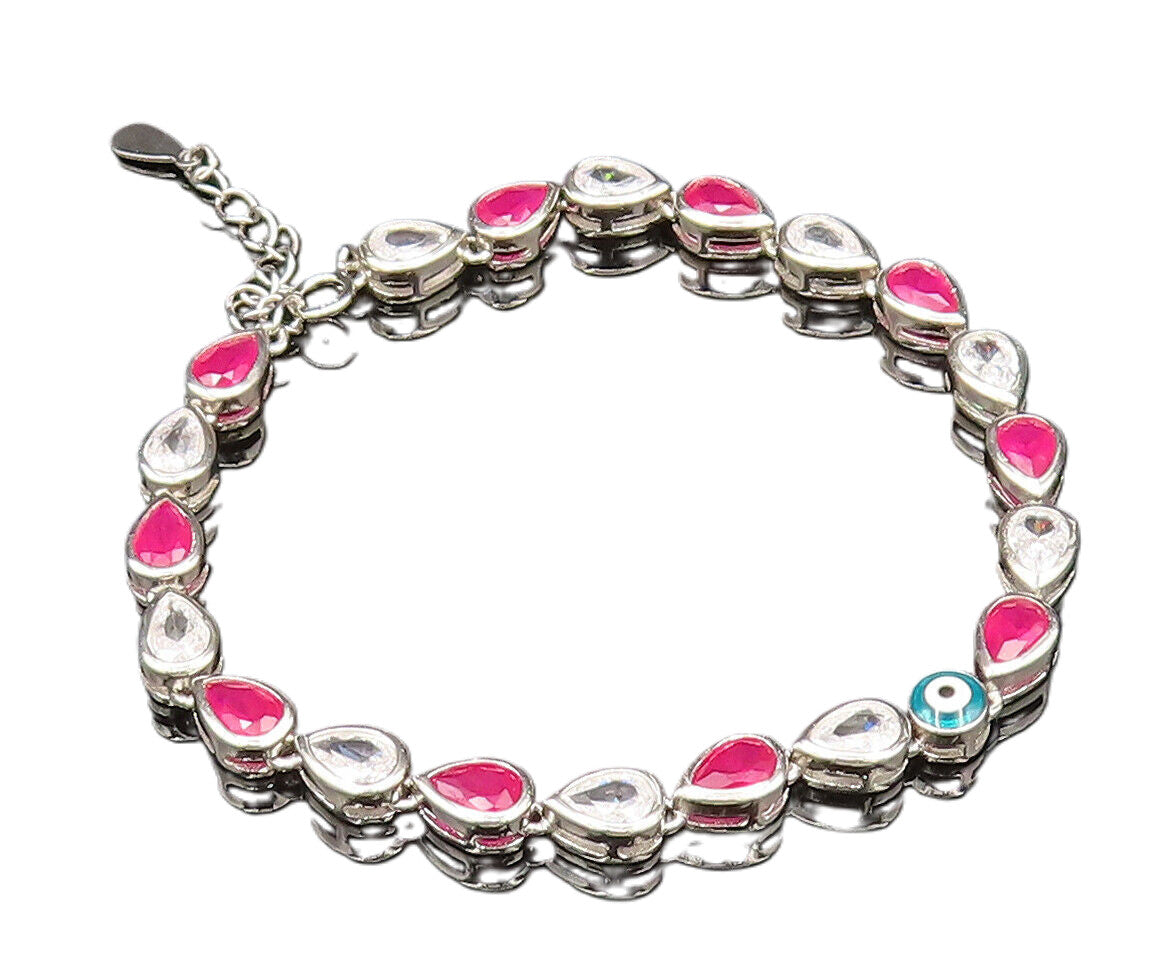 925 Silver  Vintage Enamel Evil Eye Pear Shaped Ruby & Topaz Bracelet  BT9569
