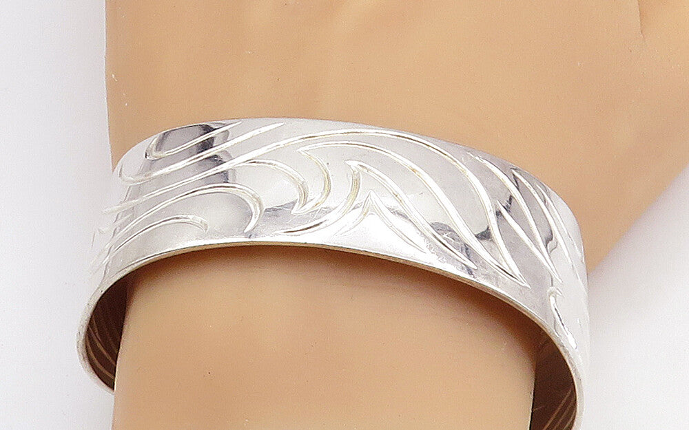 DESIGNER 925 Sterling Silver  Shiny Swirl Etched Pattern Cuff Bracelet  BT3055