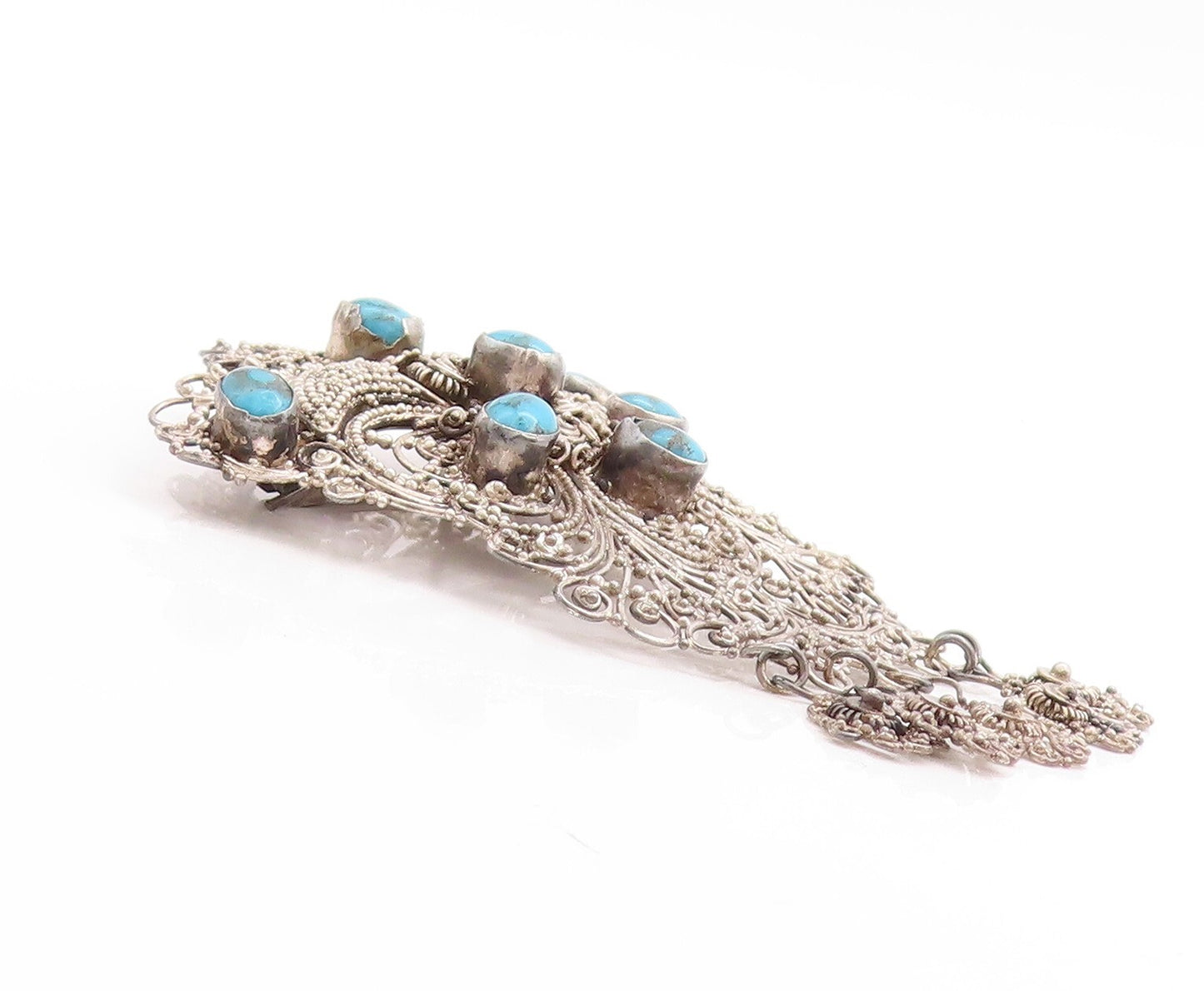 925 Sterling Silver Vintage Brooch Pin Turquoise Inlay Floral Filigree  BP11430