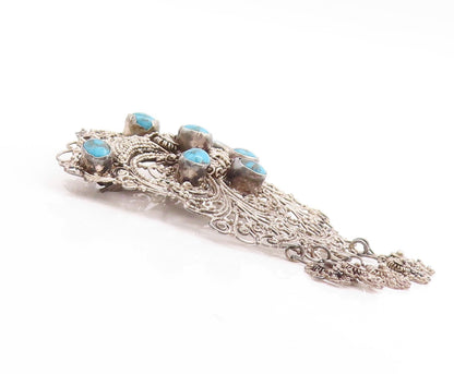 925 Sterling Silver Vintage Brooch Pin Turquoise Inlay Floral Filigree  BP11430